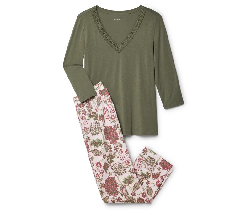 Tchibo - 7/8-Pyjama-Set - Damen - Gr. L - khaki/geblümt