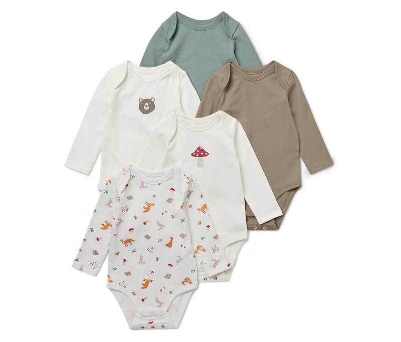 Tchibo - 5 Baby-Bodys mit Mitwachsfunktion - Newborn - Gr. 50/56 - hellbraun/print
