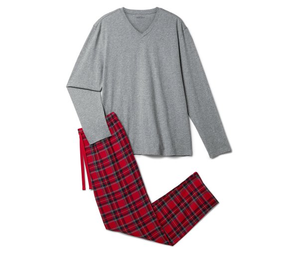 Tchibo - Pyjama-Set mit Flanellhose - Herren - Gr. L - hellgrau/kariert