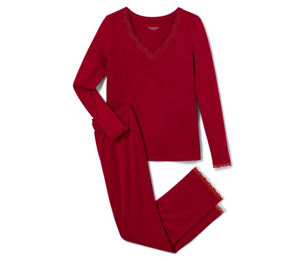 Tchibo - Pyjama-Set mit Spitzenbesatz - Damen - Gr. L - rot