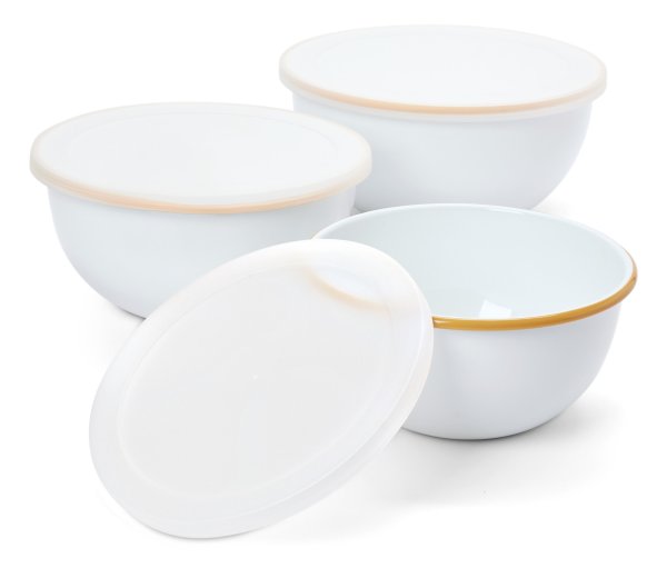 Tchibo - 3 Emaille-Servier-und-Zubereitungsschüsseln mit Deckel - weiß