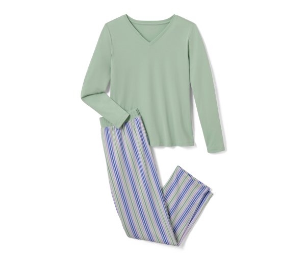 Tchibo - Pyjama - Damen - Gr. L - hellgrün/gestreift