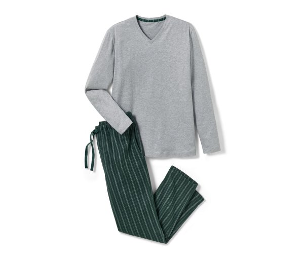 Tchibo - Pyjama mit Flanellhose - Herren - Gr. L - dunkelgrün/gestreift