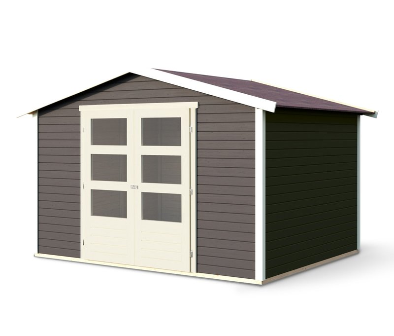 Karibu Gerätehaus mit Doppelflügeltür - 246x246x209cm - grau - Holz / Fichtenholz / Glas