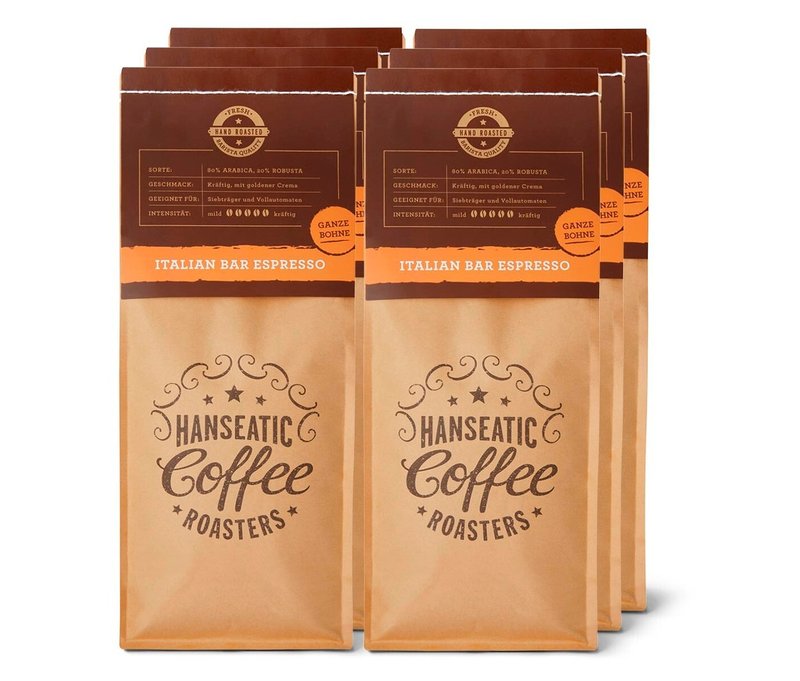 Hanseatic - Italian Bar Espresso - 6x 1 kg Ganze Bohne - Intensität: 6/6
