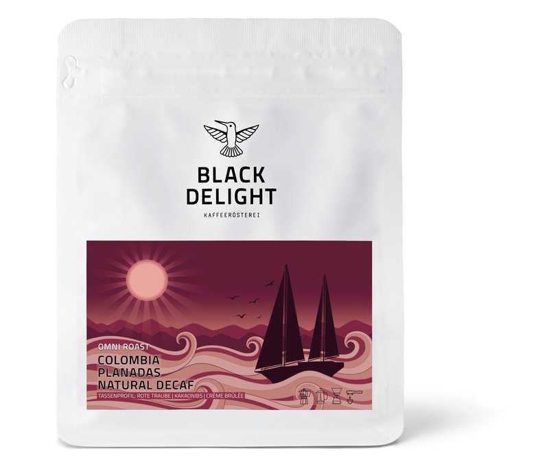 Black Delight - Colombia Planadas Natural Decaf Omni-Roast, entkoffeiniert - 1x 250 g Ganze Bohne - Intensität: 4/6