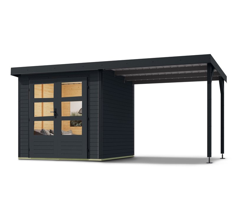 Karibu Gerätehaus »Venus A« mit Anbaudach - 438x213x208,5cm - anthrazit - Fichtenholz / Stahl