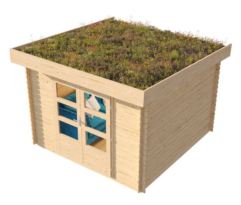 Karibu Gartenhaus mit bepflanzbarem Dach - 297x237x225cm - naturfarben - Fichtenholz / Glas