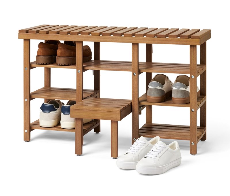 Tchibo - Hohe Schuh-Sitzbank mit Klapptritt - 90x32x55cm - naturfarben - Eukalyptus-Massivholz / Stahl
