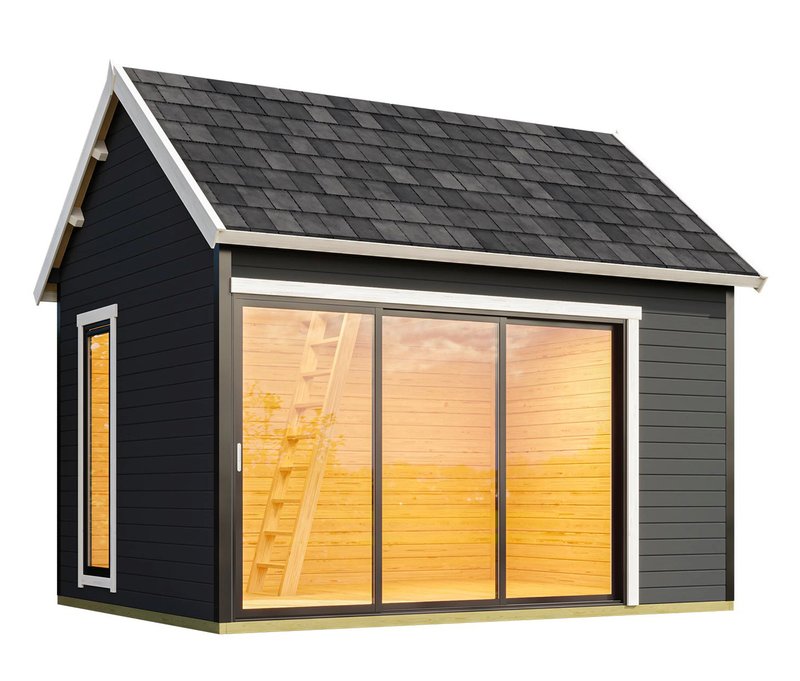 Weka Designhaus mit Schlafboden »M445A« - 430x336x365cm - grau - Fichtenholz / Aluminium / Glas