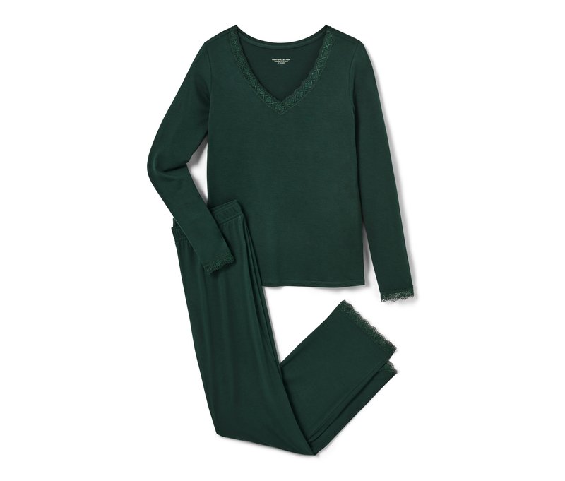 Tchibo - Pyjama mit Spitzenbesatz - Damen - Gr. S - dunkelgrün