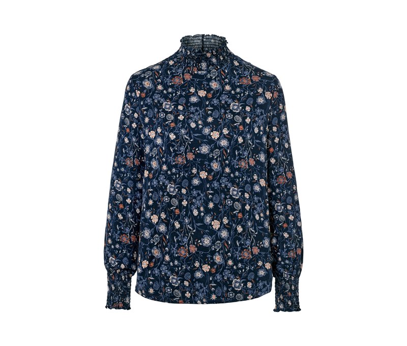Tchibo - Florales Blusenshirt mit Stehkragen - Damen - Gr. L - dunkelblau/geblümt