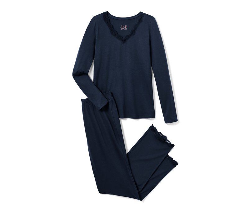 Tchibo - Pyjama mit Spitzenbesatz - Damen - Gr. L - dunkelblau