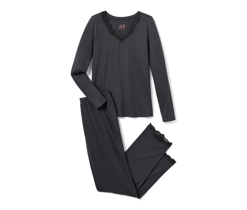 Tchibo - Pyjama mit Spitzenbesatz - Damen - Gr. XL - dunkelgrau