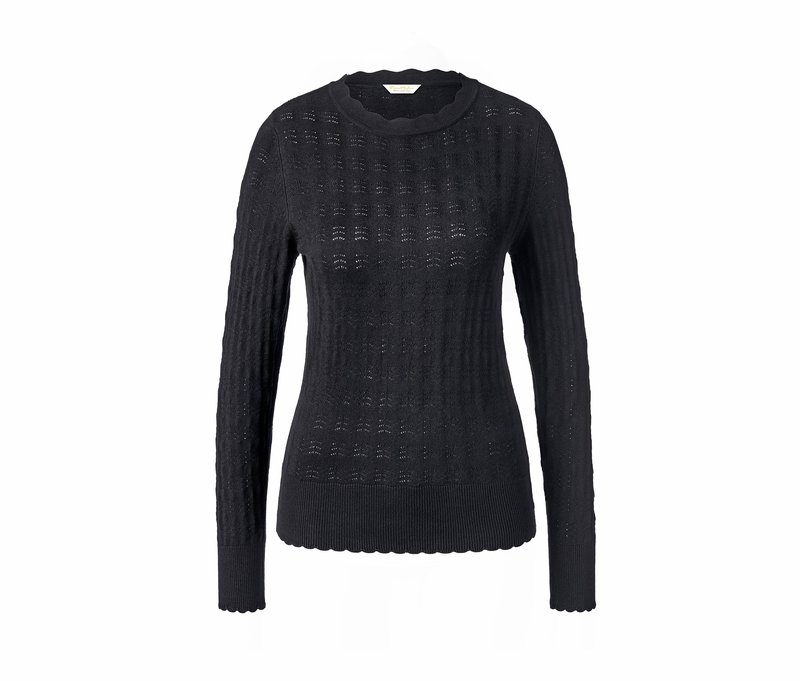 Feinstrickpullover mit Ajour-Muster - Damen - Gr. L - schwarz