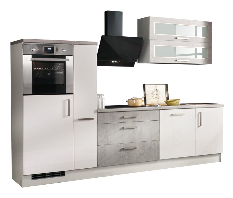 respekta-Premium-Küchenblock in Betonoptik - 290x60x200cm - schwarz - Edelstahl / Metall / Glas