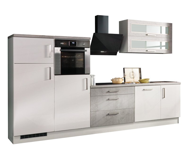 respekta-Premium-Küchenblock in Betonoptik - 320x60x200cm - schwarz - Edelstahl / Metall / Glas