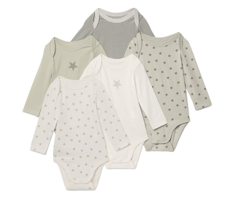 Tchibo - 5 Baby-Bodys mit Mitwachsfunktion - Gr. 74/80 - olivgrün/print