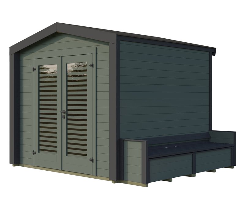 Weka Gartenhaus mit Sitzlaube - 374x264x241cm - dunkelgrün - Fichtenholz / Glas