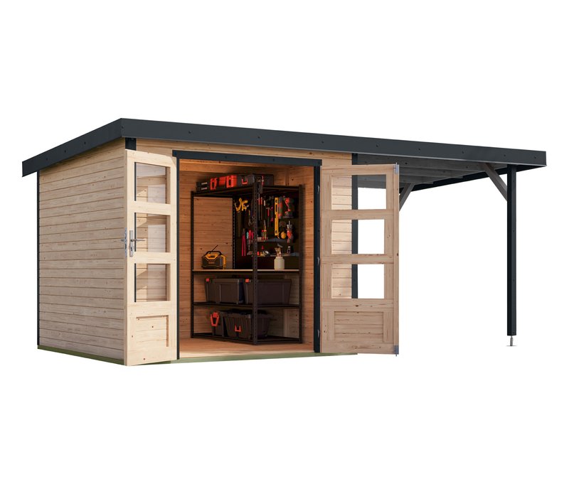 Karibu Gerätehaus »Venus B« mit Metalldach und Anbaudach - 238,5x243x209cm - anthrazit - Fichtenholz / Stahl
