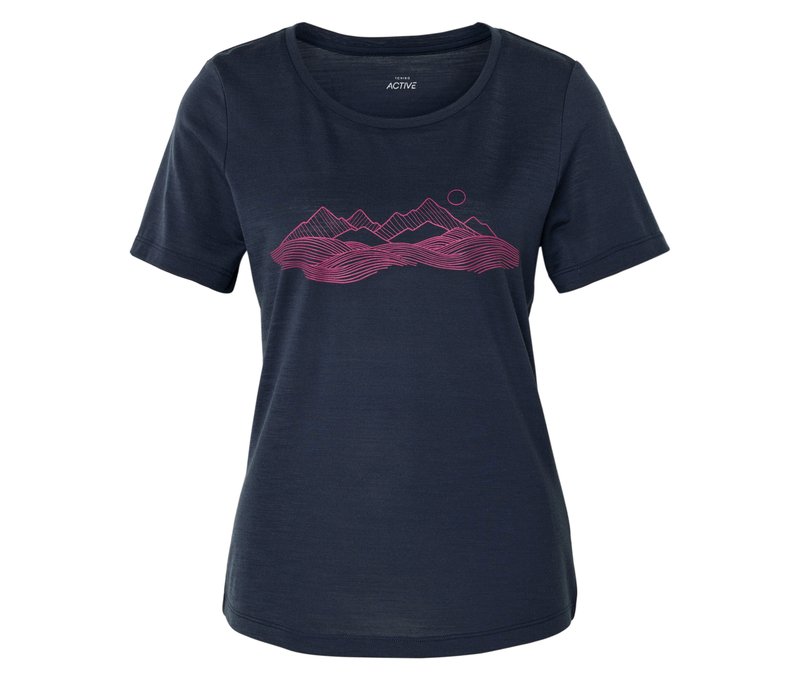 Tchibo - T-Shirt mit Merinowolle - Damen - Gr. L - dunkelblau/print