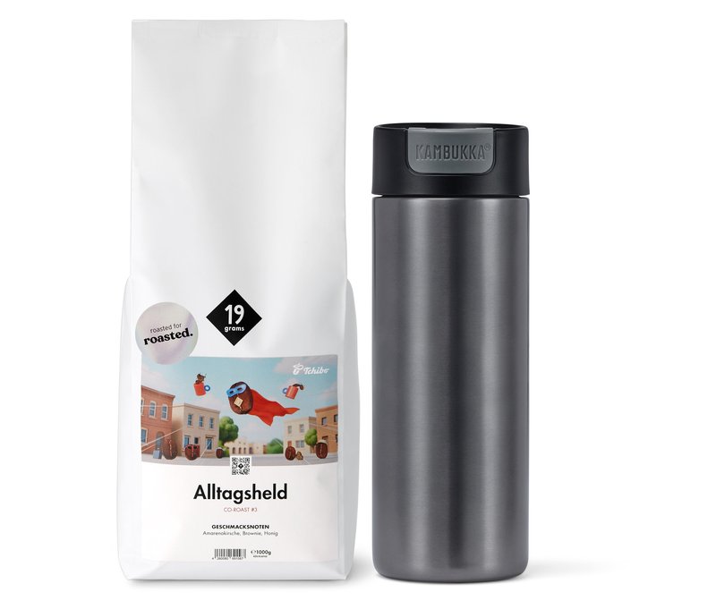 Kaffee-Geschenkset „Alltagsheld to Camping„ – 1x 1kg Omni-Roast Ganze Bohne und Kambukka Becher