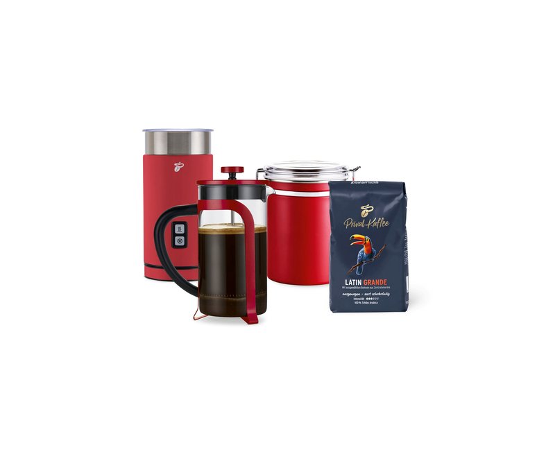 Tchibo - Siebstempelkanne, Set Milky red mit Aufschäumer & Dose