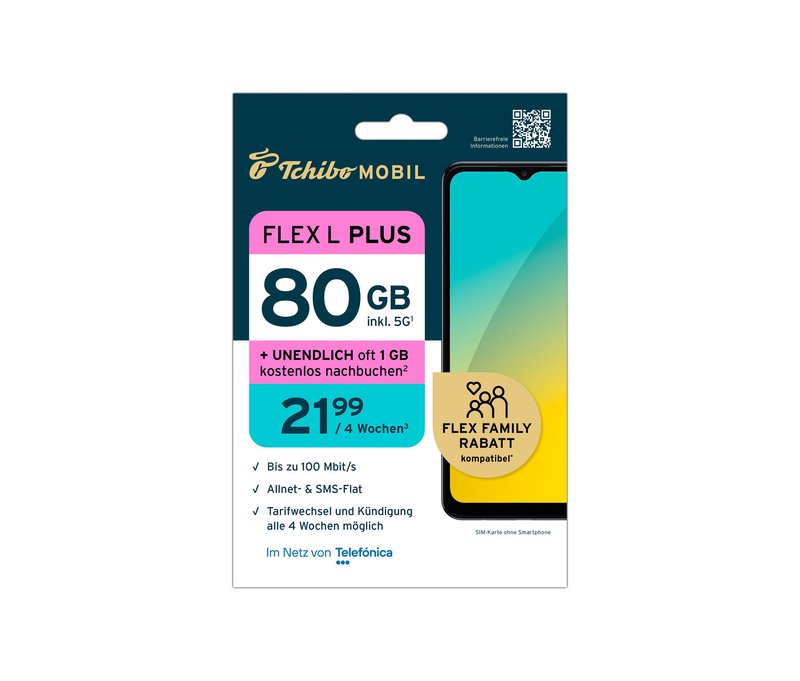 Tchibo - Flex L Plus mit 80 GB + unendlich oft 1 GB - 21,99 €/4 Wochen