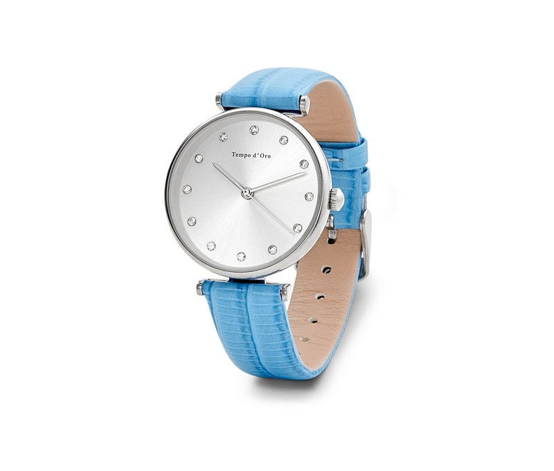 Tchibo - Armbanduhr mit Lederband und Kristallen - silber