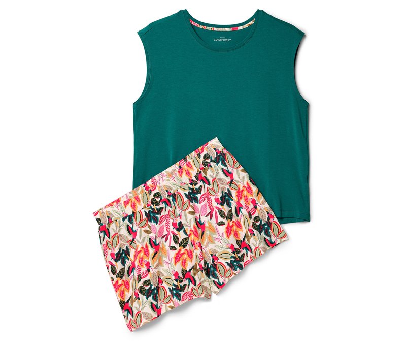 Tchibo - Shorty-Pyjama-Set - Damen - Gr. XL - dunkelgrün/print
