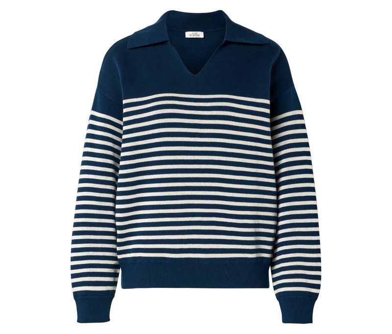 Tchibo - Strickpullover mit Kragen - Damen - Gr. XL - dunkelblau/gestreift
